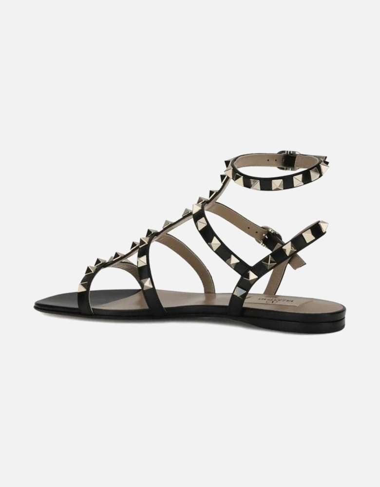 Leather Rockstud Flat Sandals with Ankle Strap Women - Black