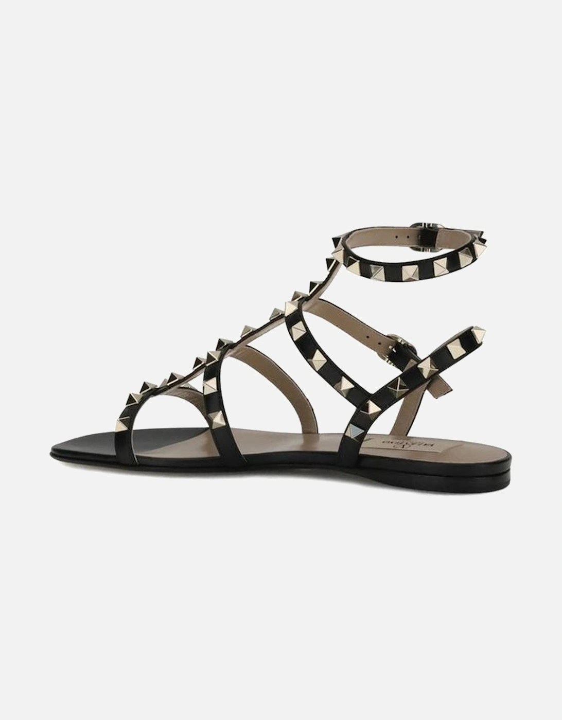 Leather Rockstud Flat Sandals with Ankle Strap Women - Black