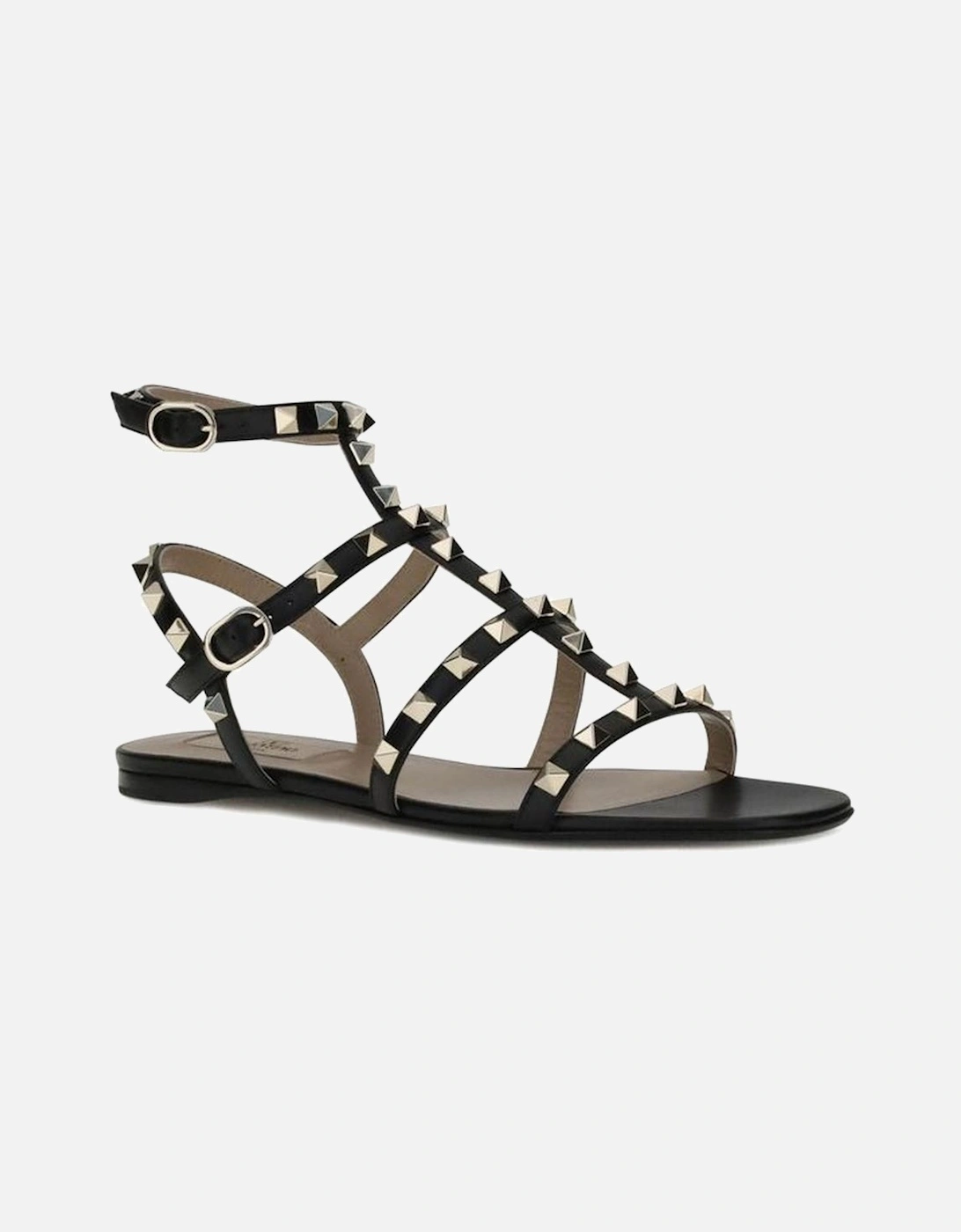 Leather Rockstud Flat Sandals with Ankle Strap Women - Black