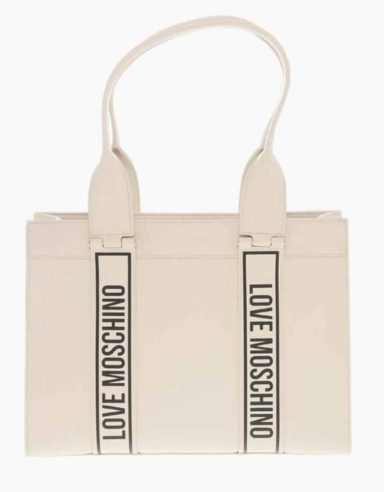 Embroidery Logo Handbag with Double Handle Women - Beige Tote Bags