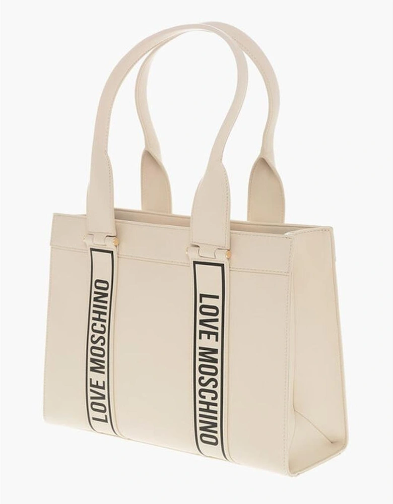 Embroidery Logo Handbag with Double Handle Women - Beige Tote Bags