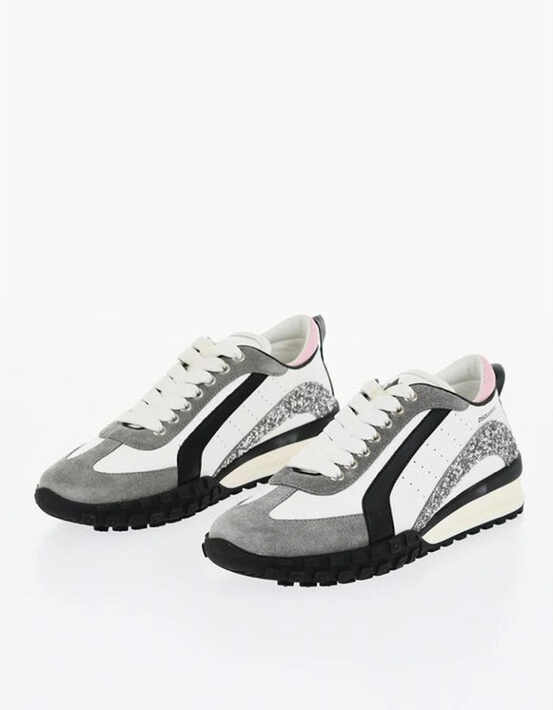 Lace-Up Glitter Leather Suede Sneakers Women - Black And White, 5 of 4