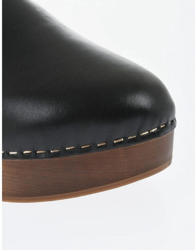 Leather Buckled Wooden Heel Shoes Women - Black Sandals
