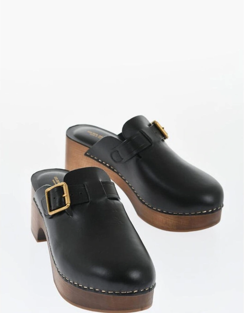 Leather Buckled Wooden Heel Shoes Women - Black Sandals