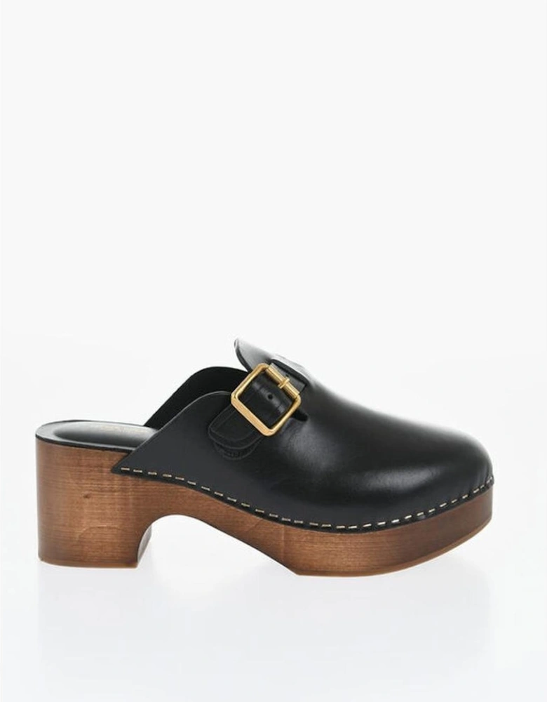 Leather Buckled Wooden Heel Shoes Women - Black Sandals