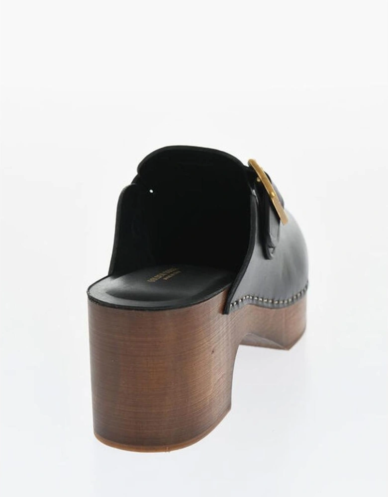 Leather Buckled Wooden Heel Shoes Women - Black Sandals