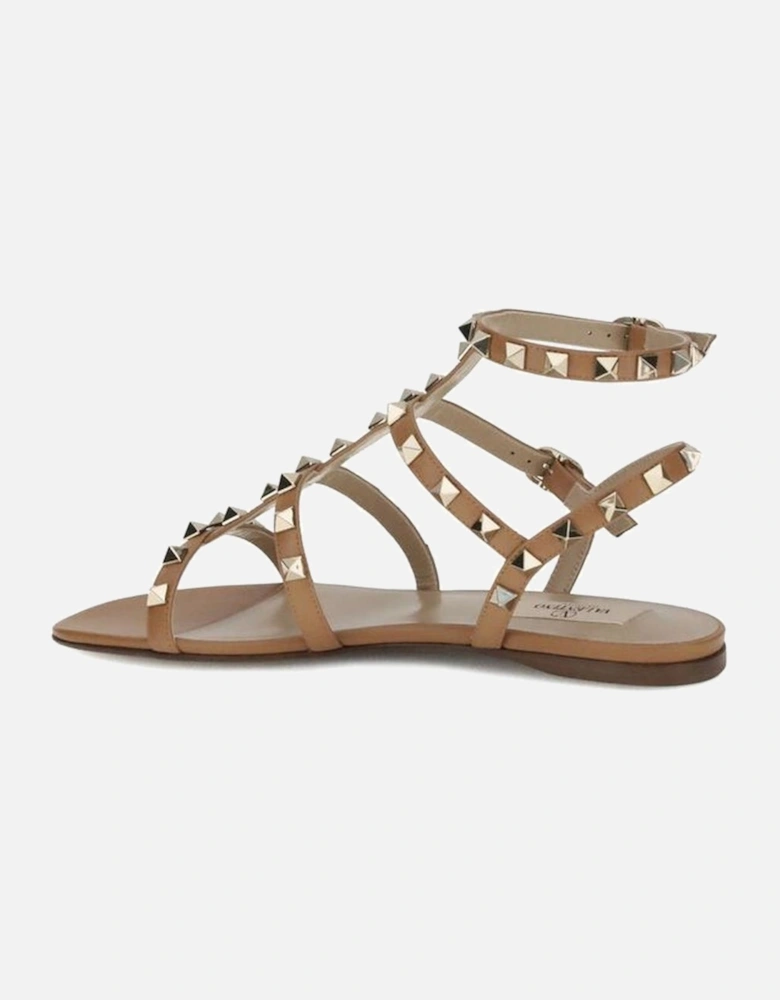 Leather Rockstud Sandals with Adjustable Ankle Strap Women - Beige