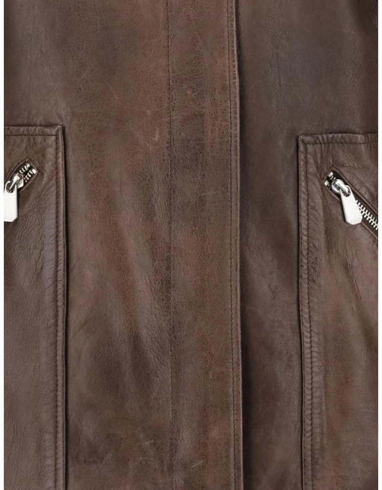 Leather Jacket with Patch Pockets and Concealed Zipper Women - Brown