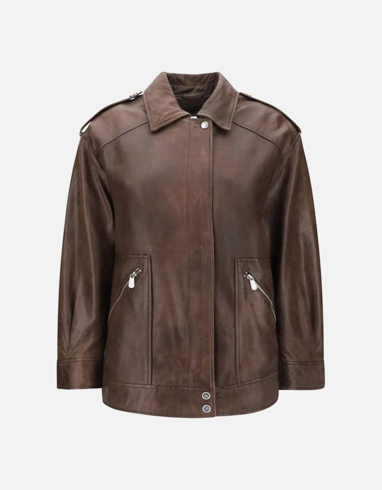 Leather Jacket with Patch Pockets and Concealed Zipper Women - Brown