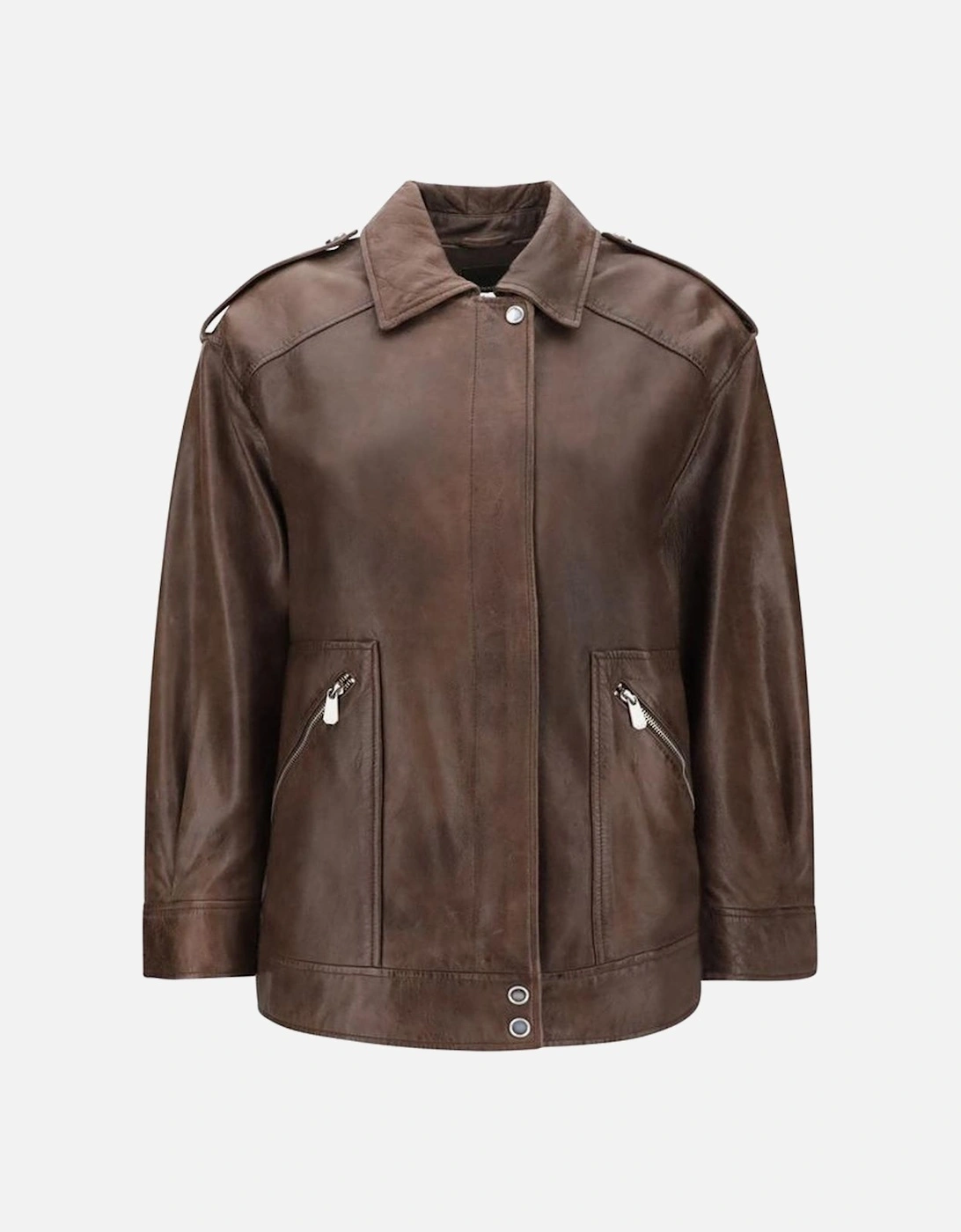 Leather Jacket with Patch Pockets and Concealed Zipper Women - Brown, 4 of 3