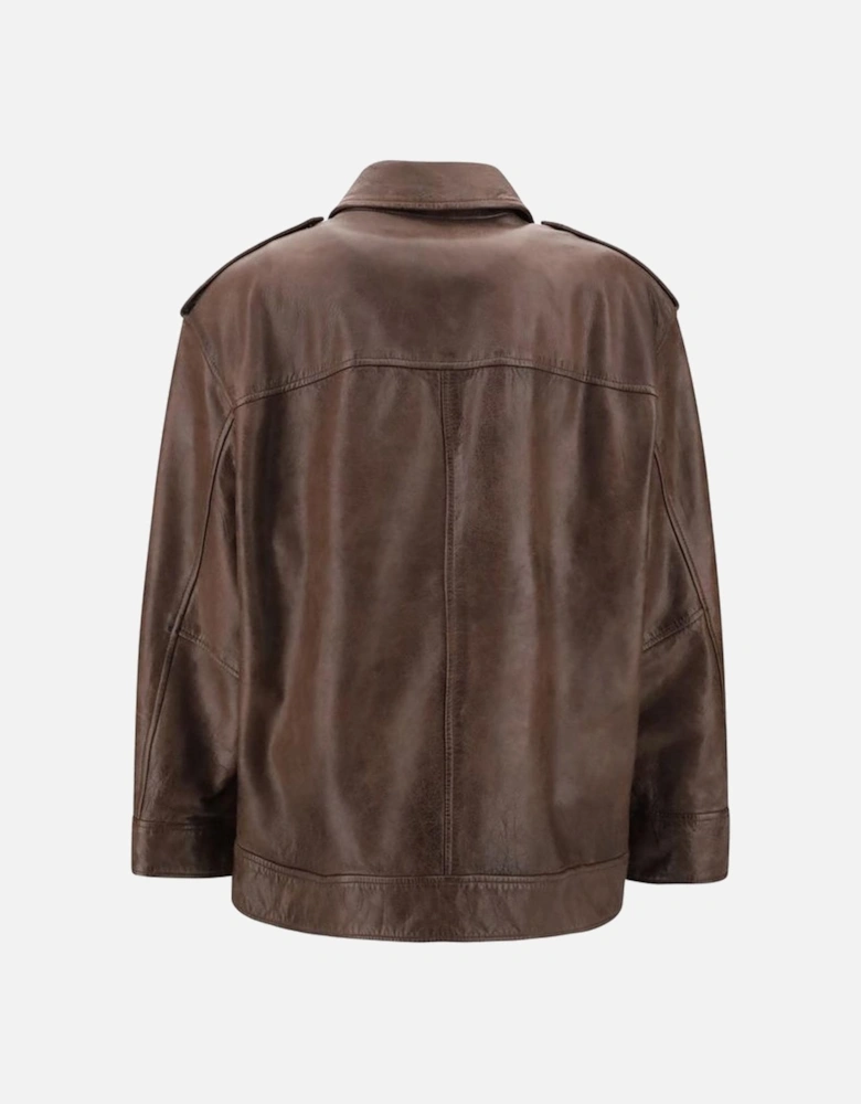 Leather Jacket with Patch Pockets and Concealed Zipper Women - Brown