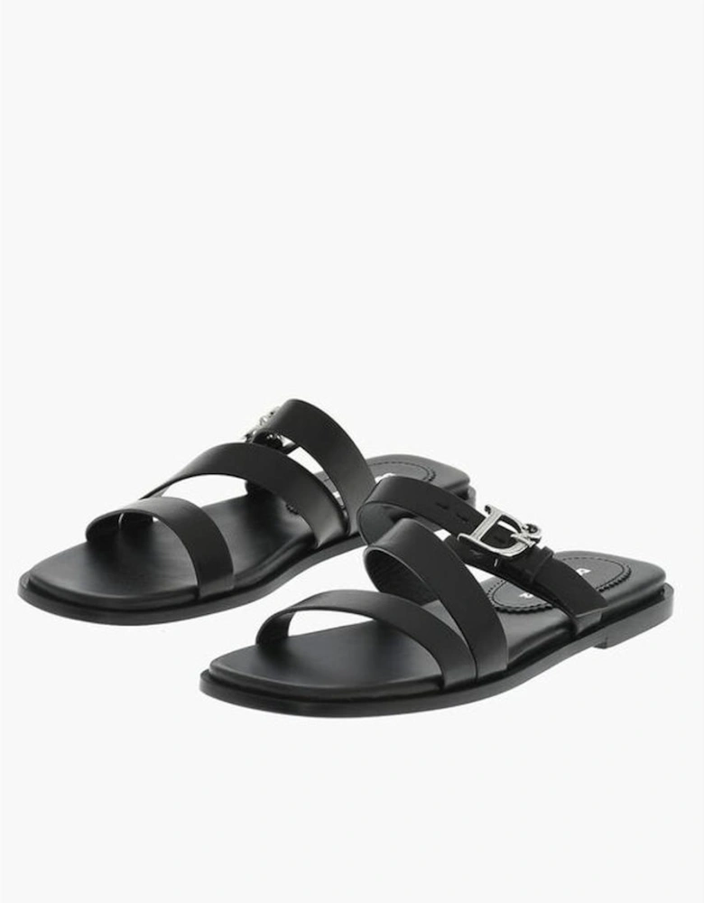 Leather Sole Slip On Shoes with Buckles Women - Black Sandals