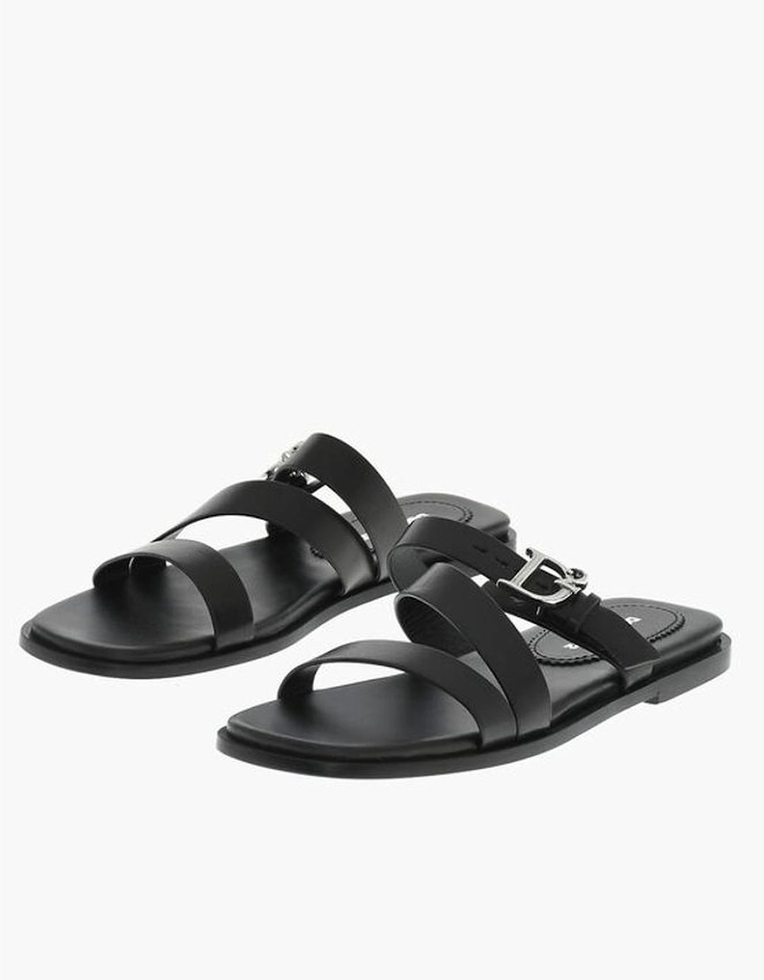 Leather Sole Slip On Shoes with Buckles Women - Black Sandals, 6 of 5