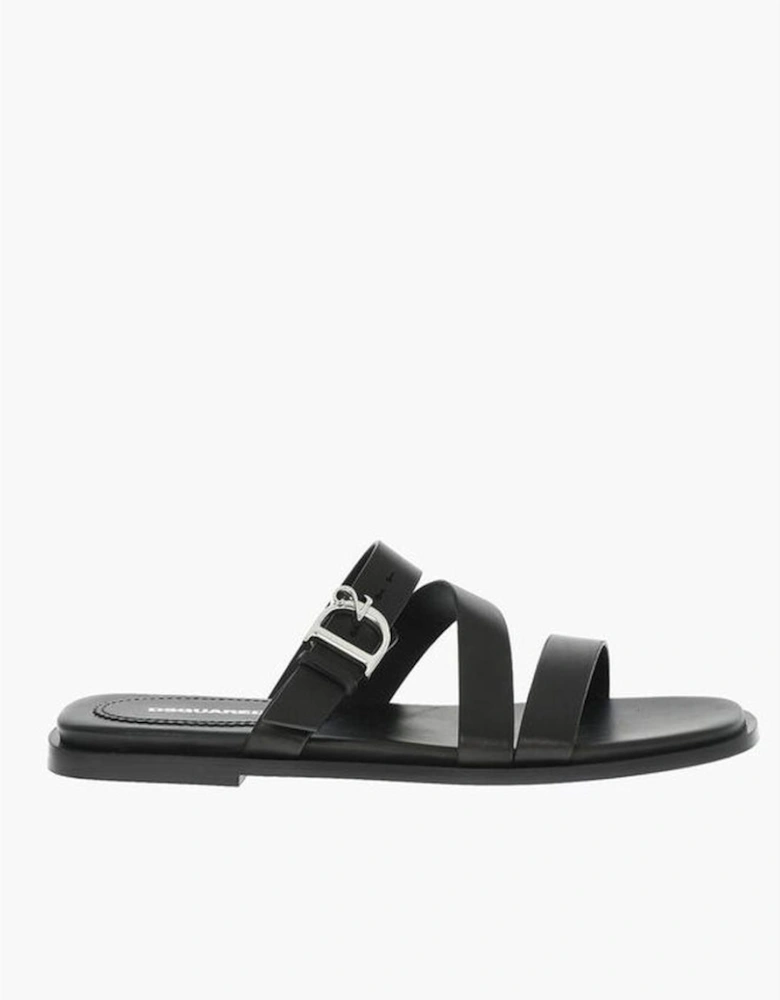 Leather Sole Slip On Shoes with Buckles Women - Black Sandals