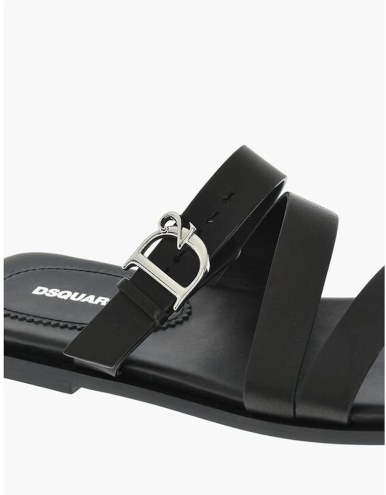Leather Sole Slip On Shoes with Buckles Women - Black Sandals