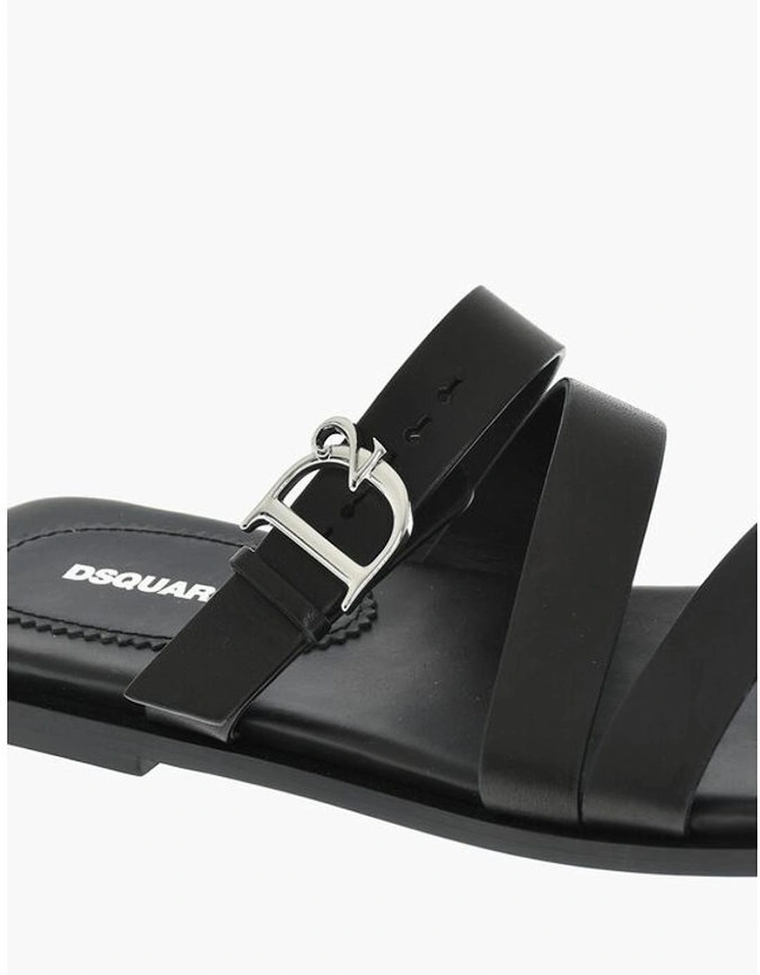 Leather Sole Slip On Shoes with Buckles Women - Black Sandals