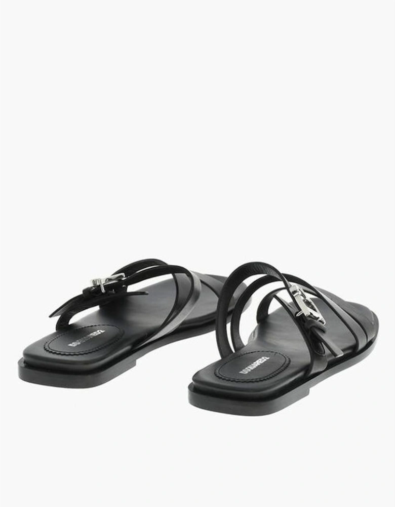 Leather Sole Slip On Shoes with Buckles Women - Black Sandals