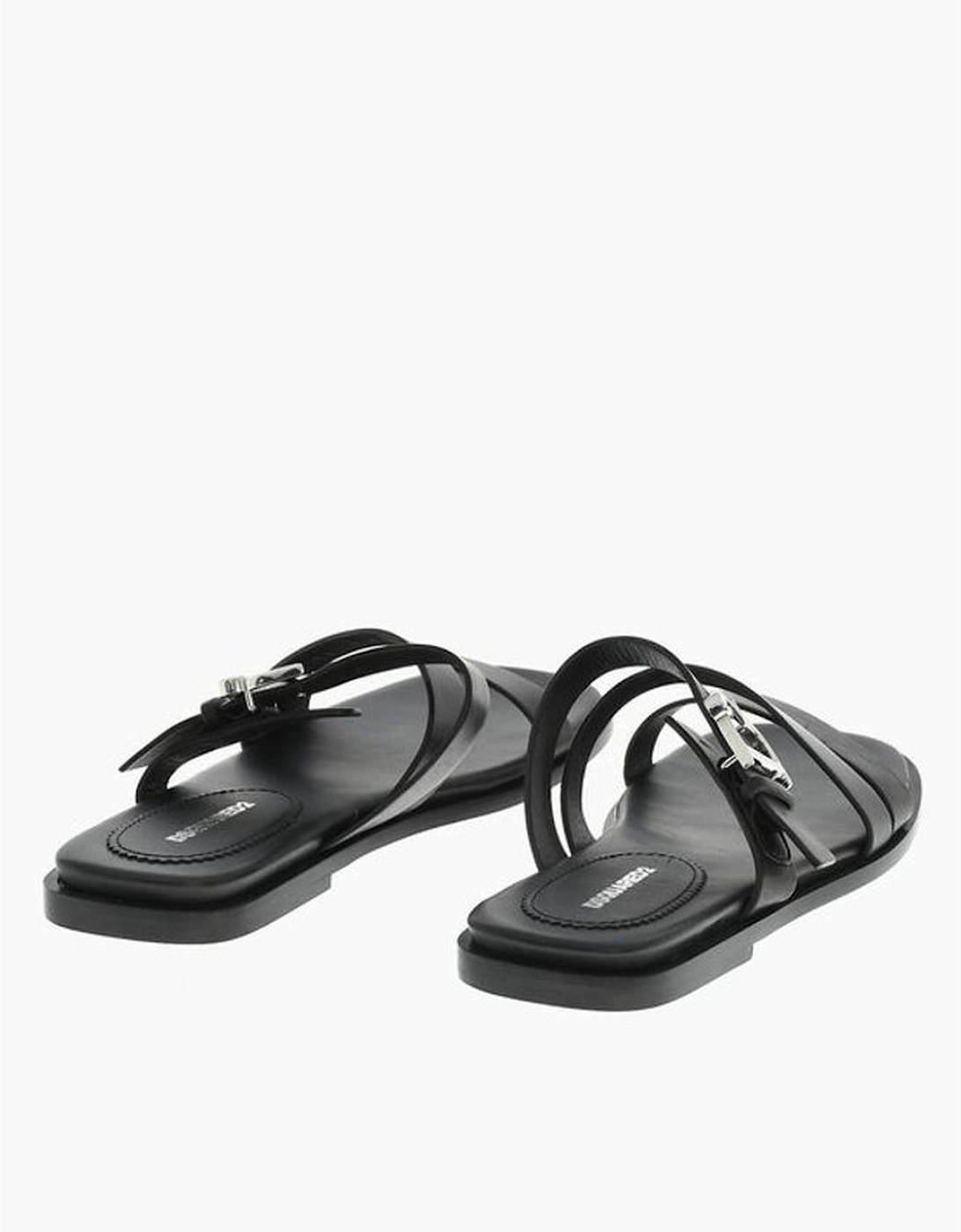 Leather Sole Slip On Shoes with Buckles Women - Black Sandals