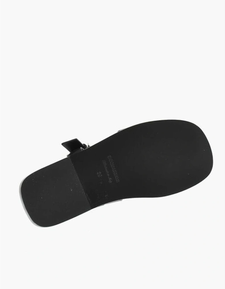 Leather Sole Slip On Shoes with Buckles Women - Black Sandals