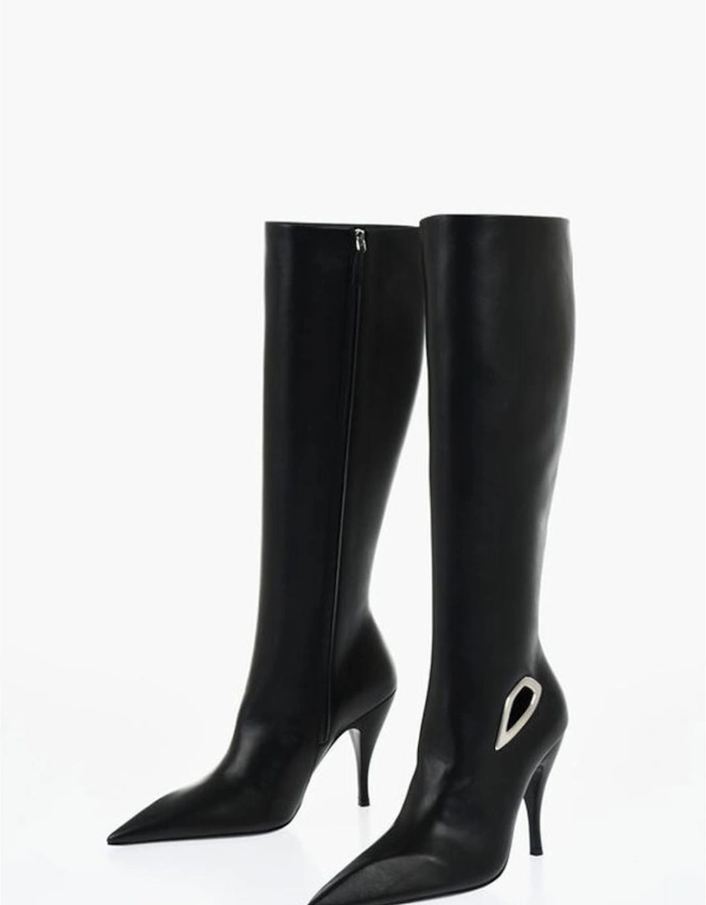 Knee-High Stiletto Heel Leather Boots Women - Black