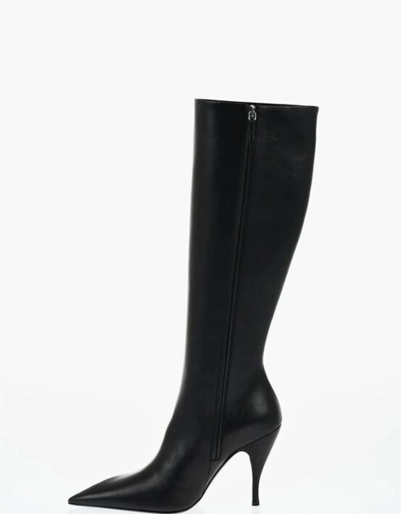 Knee-High Stiletto Heel Leather Boots Women - Black
