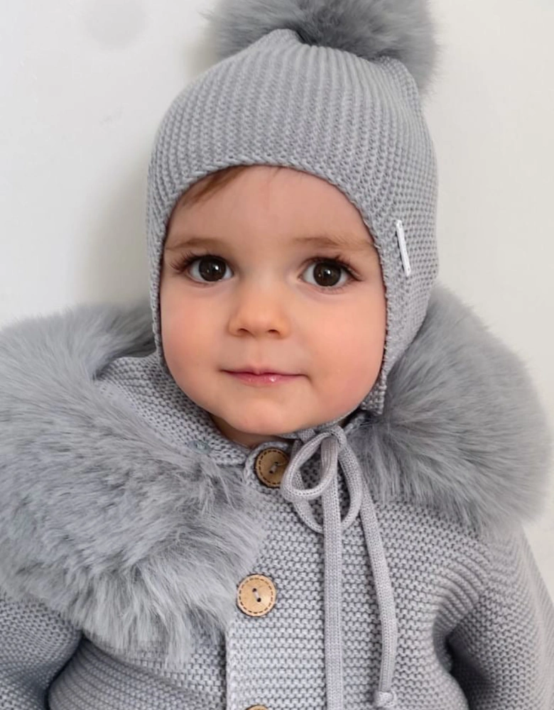 Grey Knit Faux Fur Tie Hat
