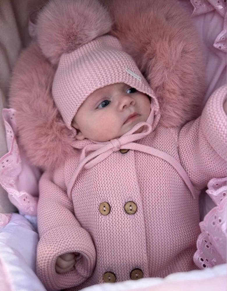 Powder Pink Knit Faux Fur Pramsuit