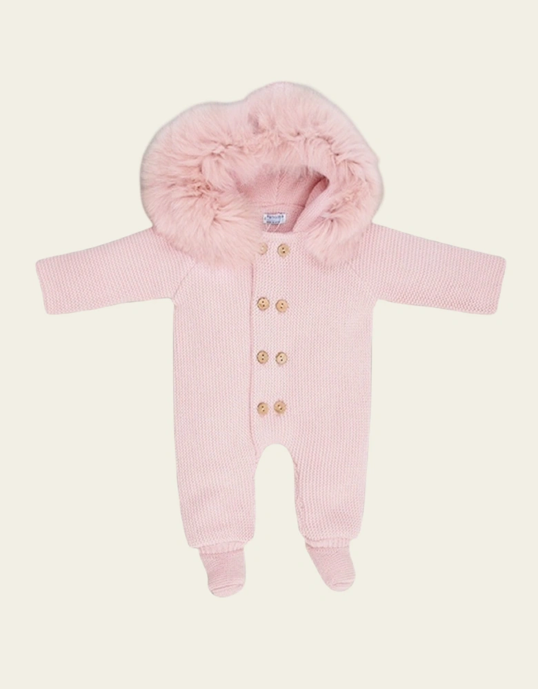 Powder Pink Knit Faux Fur Pramsuit
