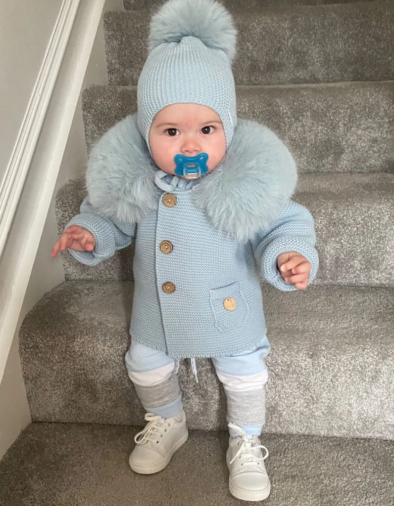Powder Blue Knit Faux Fur Tie Hat