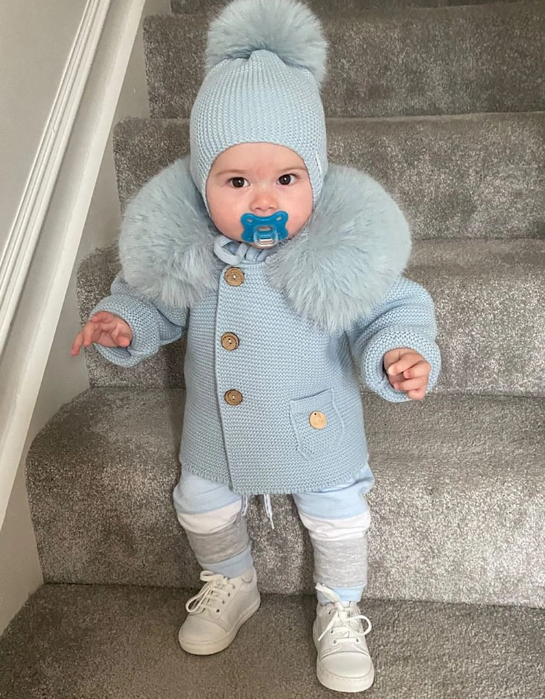 Powder Blue Knit Faux Fur Tie Hat