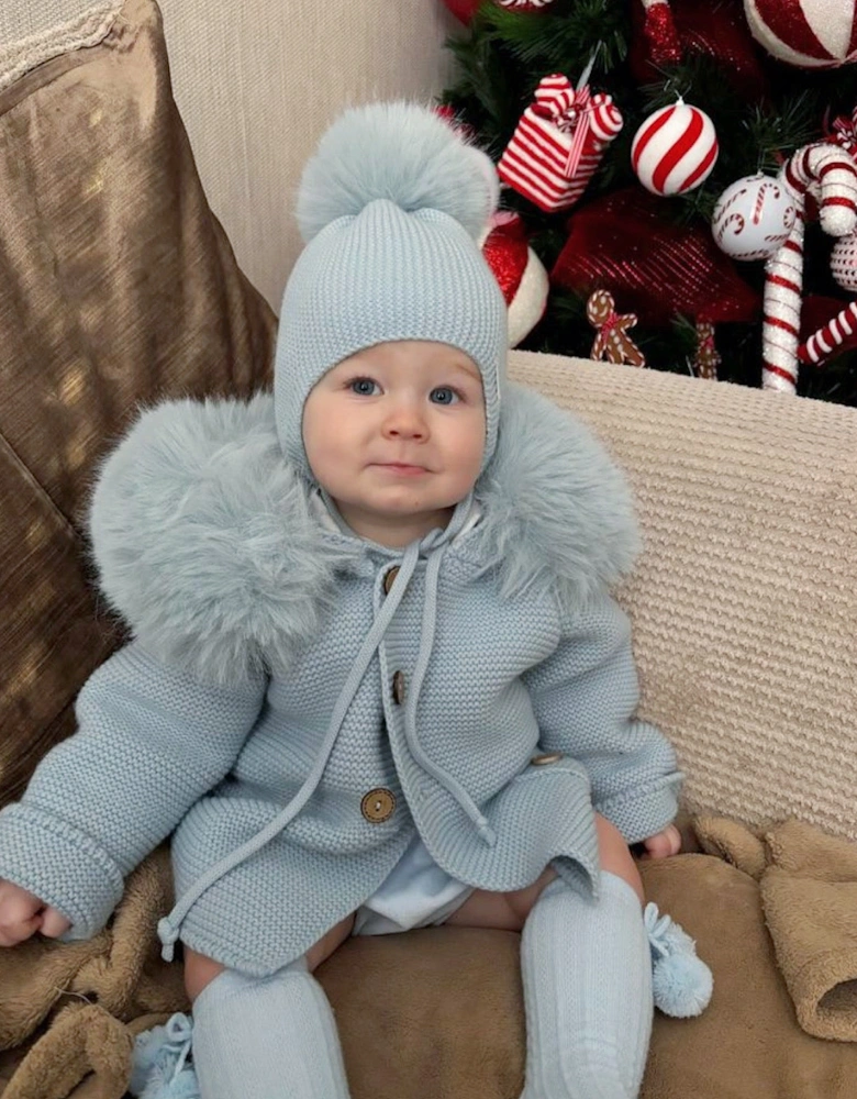 Powder Blue Knit Faux Fur Tie Hat