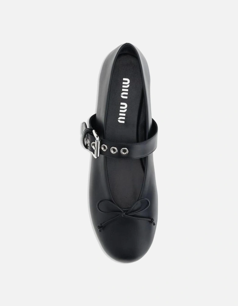Leather Ballerinas with Adjustable Buckle Strap Women - Black Flat