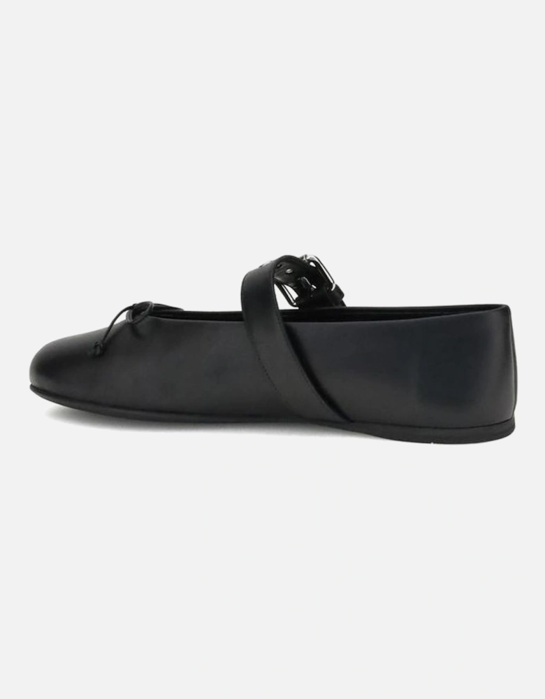 Leather Ballerinas with Adjustable Buckle Strap Women - Black Flat