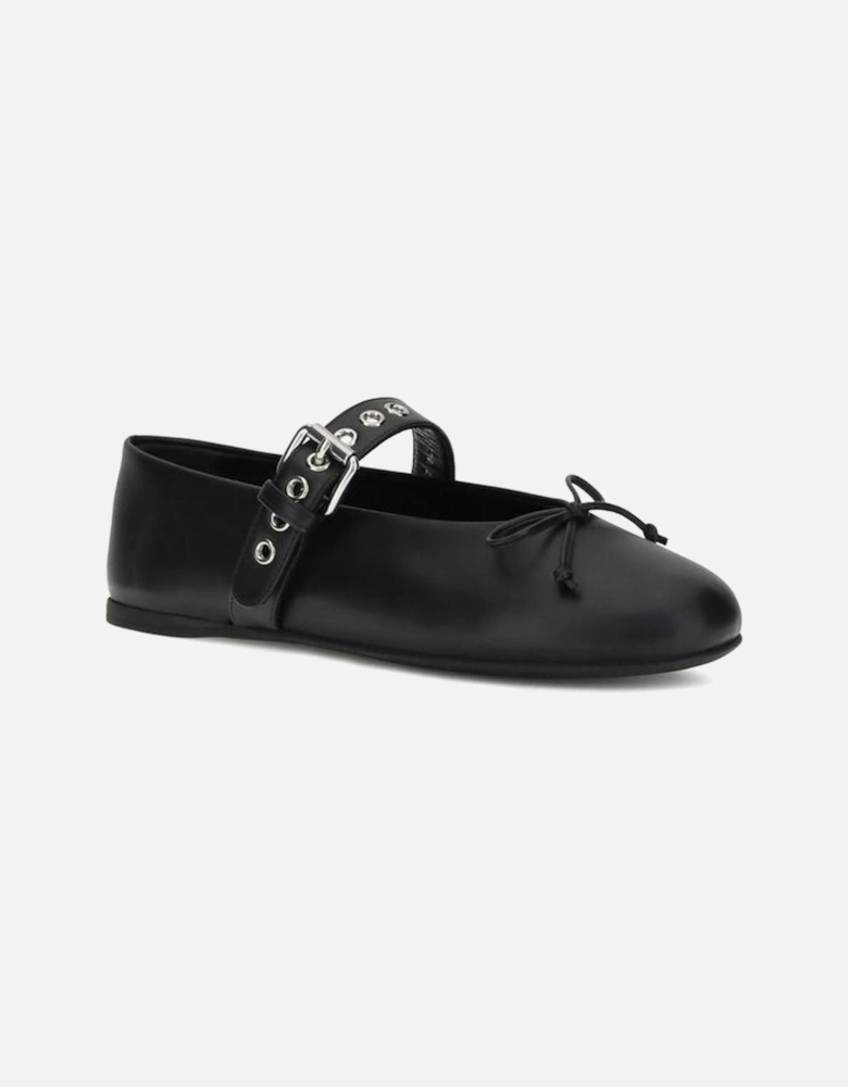 Leather Ballerinas with Adjustable Buckle Strap Women - Black Flat