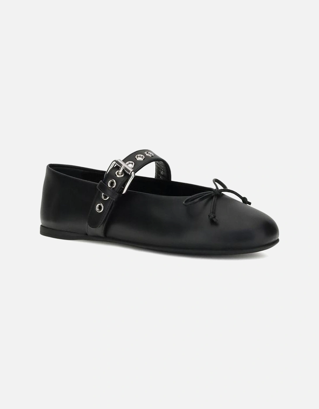 Leather Ballerinas with Adjustable Buckle Strap Women - Black Flat