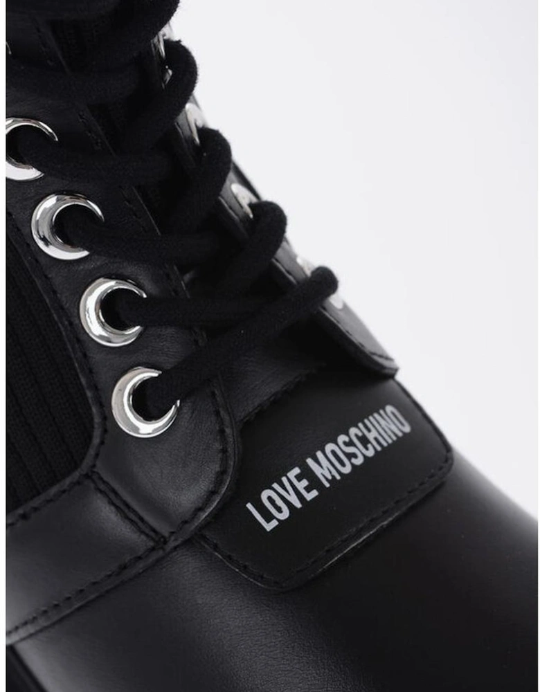 Lace-Up Leather Sneakers with Rubber Sole Women - Black Boots