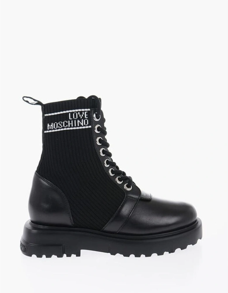 Lace-Up Leather Sneakers with Rubber Sole Women - Black Boots