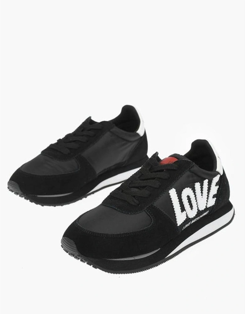 Logo Embroidery Lace-up Canvas Suede Sneakers Women - Black