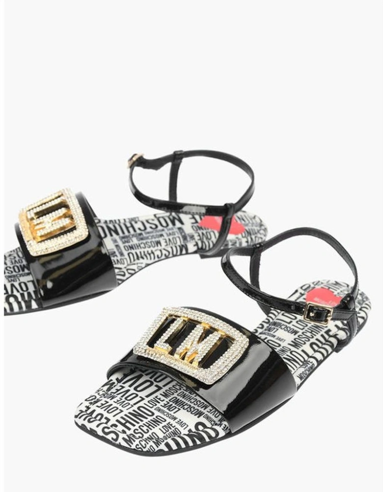 Rhinestone Patent-Leather Ankle Buckle Sandals Women - Black And White
