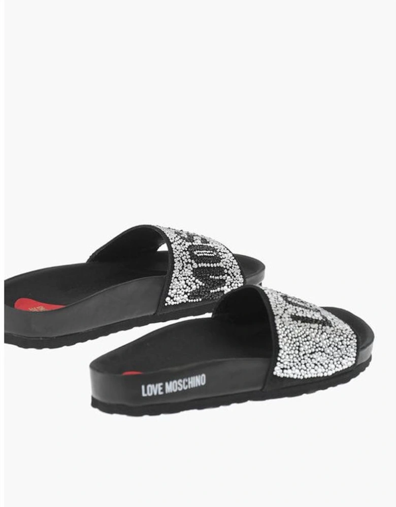 Rhinestone Logo Leather Shoes with Rubber Sole Women - Black Sandals