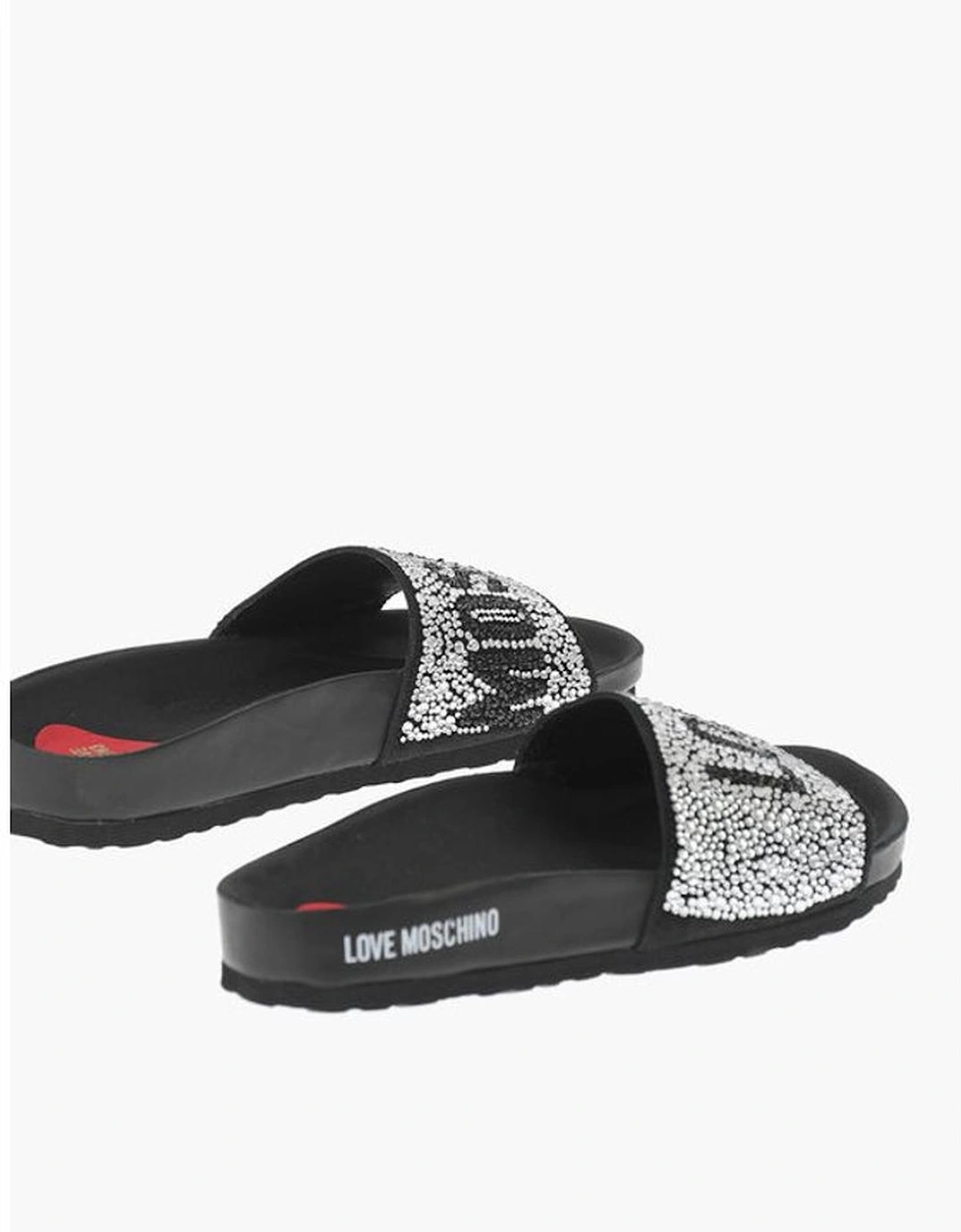 Rhinestone Logo Leather Shoes with Rubber Sole Women - Black Sandals