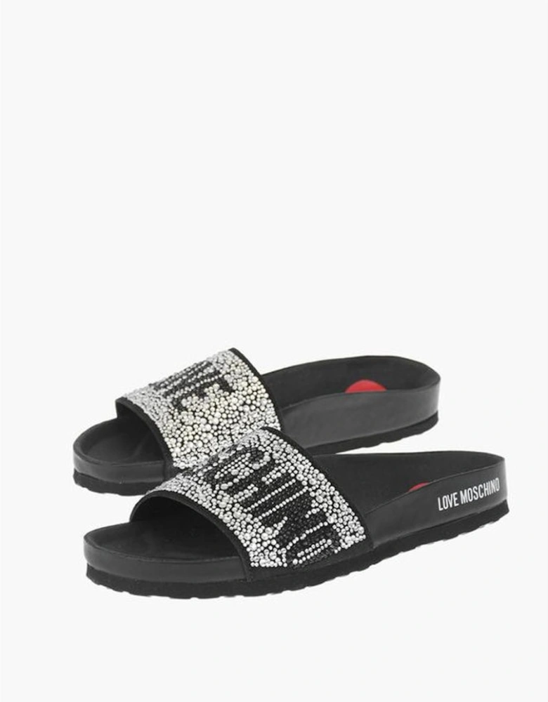 Rhinestone Logo Leather Shoes with Rubber Sole Women - Black Sandals