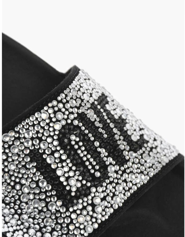 Rhinestone Logo Leather Shoes with Rubber Sole Women - Black Sandals