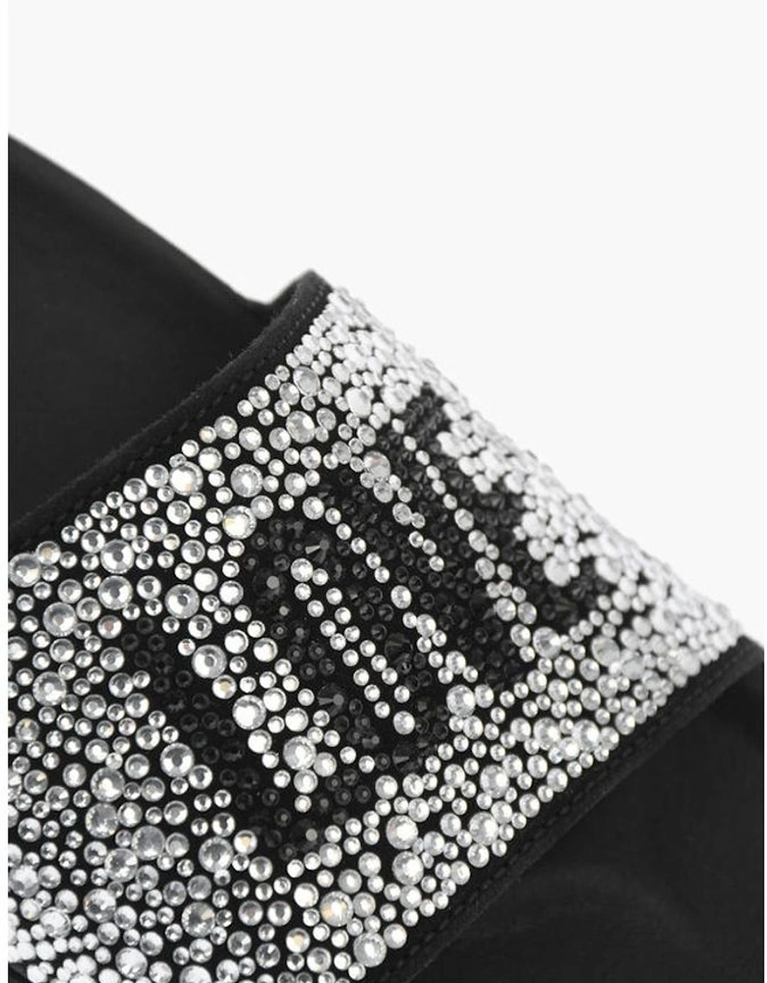 Rhinestone Logo Leather Shoes with Rubber Sole Women - Black Sandals