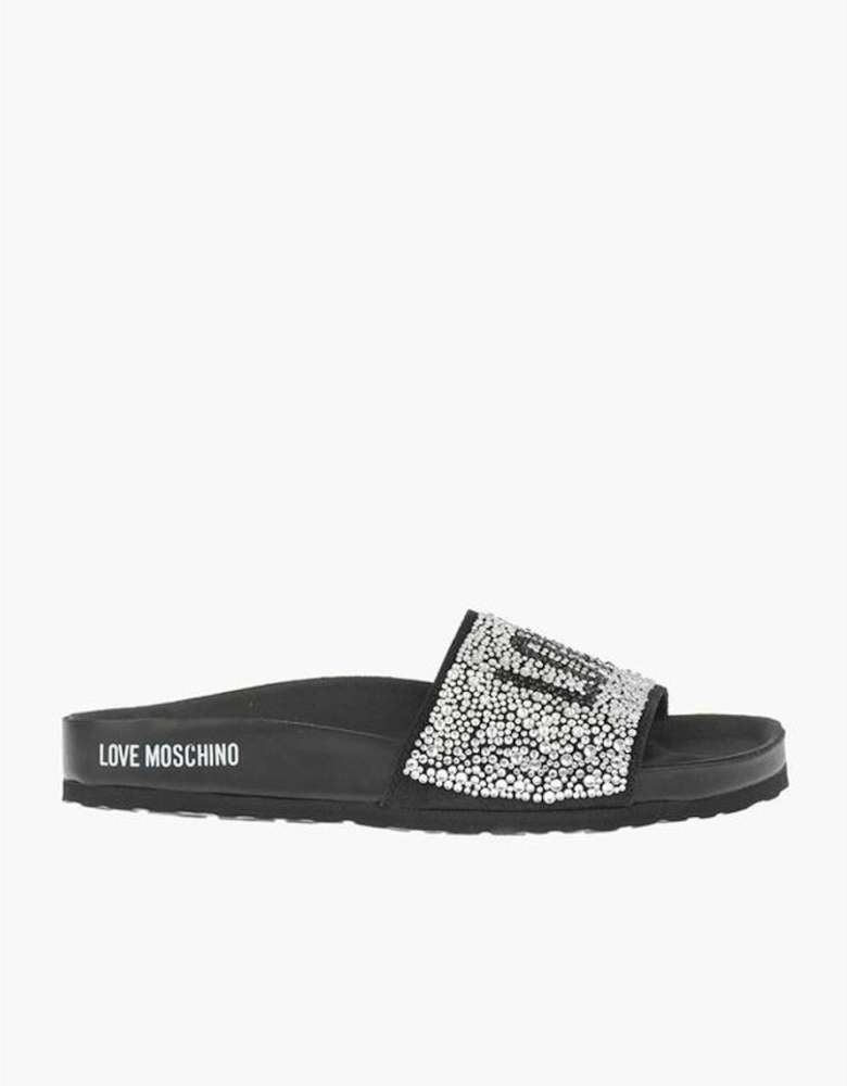 Rhinestone Logo Leather Shoes with Rubber Sole Women - Black Sandals
