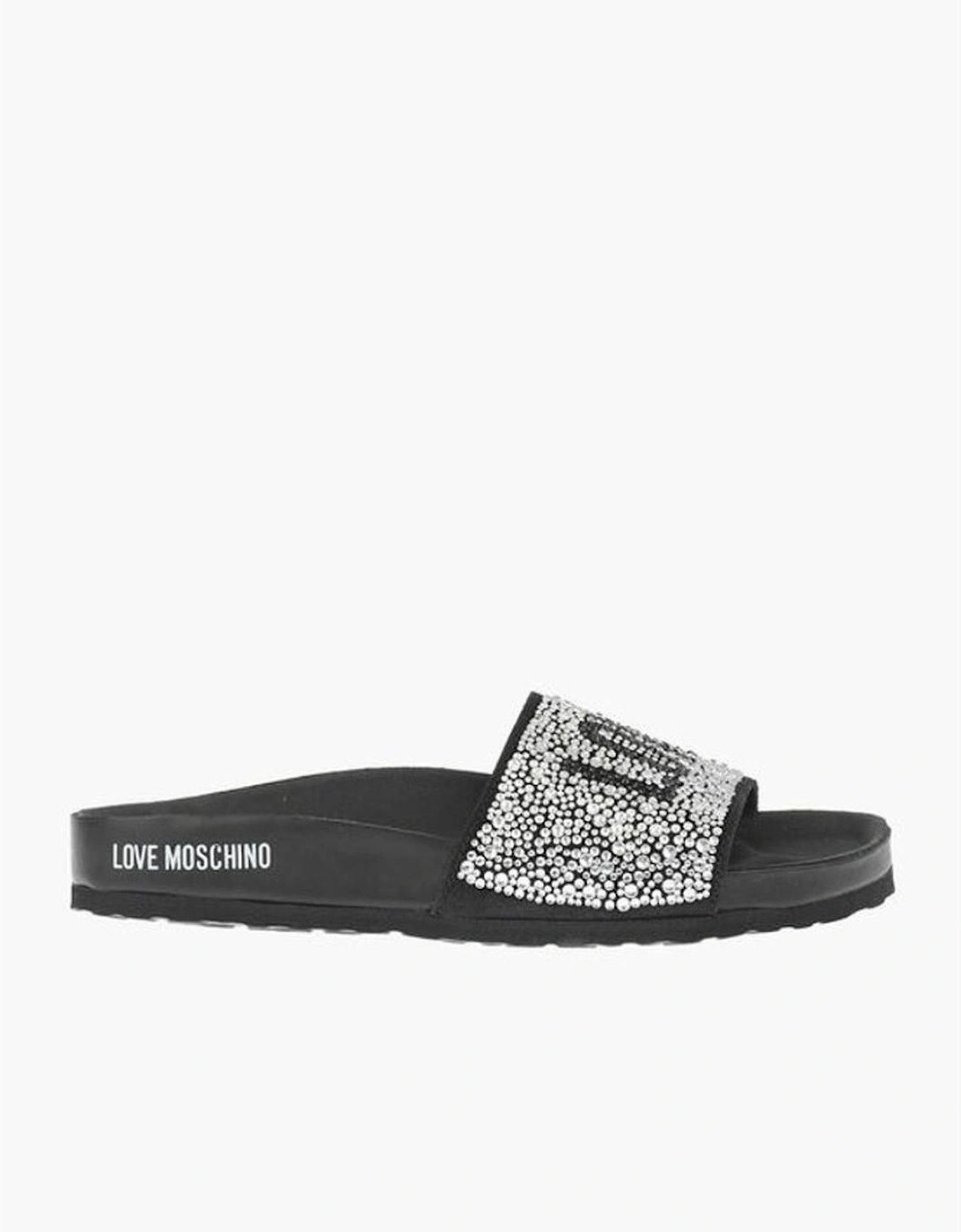 Rhinestone Logo Leather Shoes with Rubber Sole Women - Black Sandals