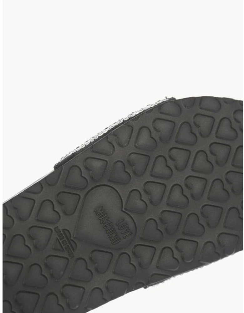 Rhinestone Logo Leather Shoes with Rubber Sole Women - Black Sandals