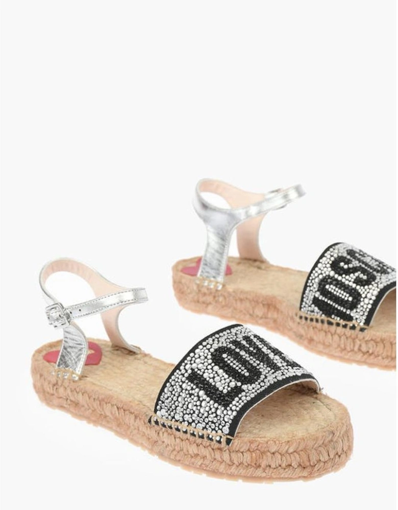 Rhinestone Logo Leather Ankle Strap Sandals Women - Silver