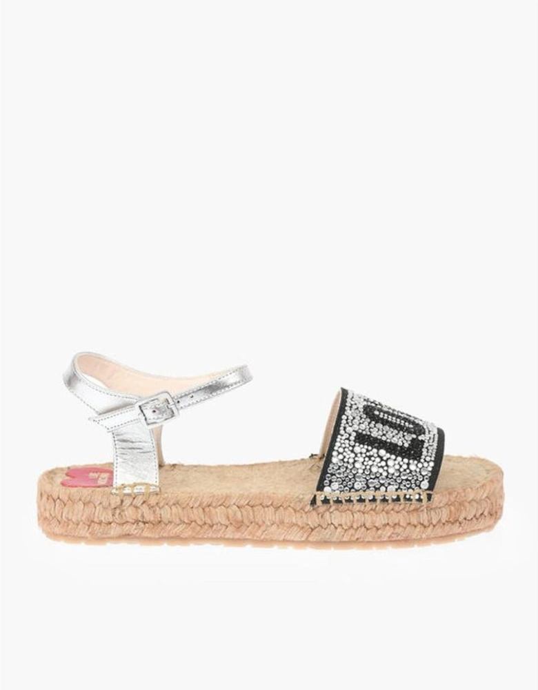 Rhinestone Logo Leather Ankle Strap Sandals Women - Silver