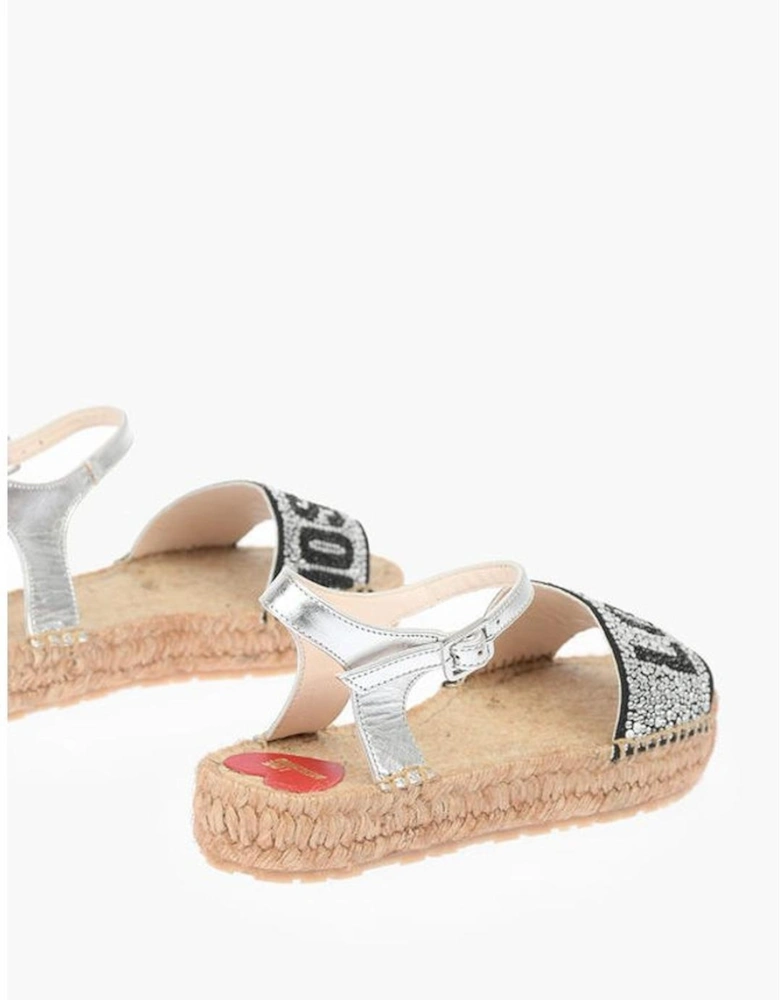 Rhinestone Logo Leather Ankle Strap Sandals Women - Silver